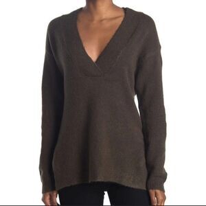 RDI Women Burnt Olive V-Neck Tunic Raw Edge Knit Sweater W/ Side Slit Vent Sz: S